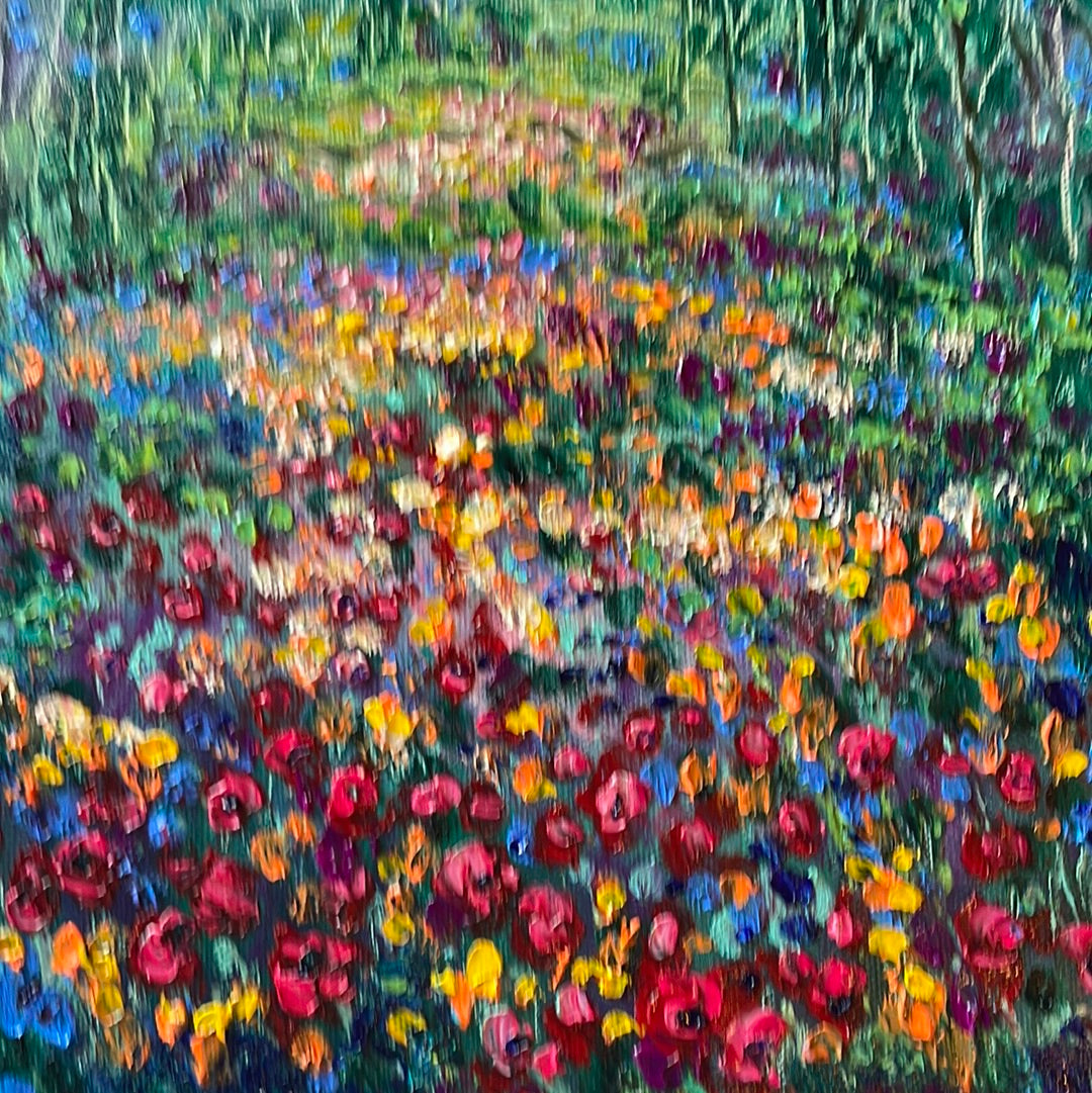 Original painting - California  oak trees and wildflowers with red and orange poppies -oilpainting