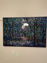 Load image into Gallery viewer, Silver-gold moon stream and trees  -gold and silver leaf -resin- oil  -24 x 36 x 1.5