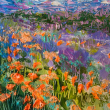 Load image into Gallery viewer, California mountains with orange poppies and other wild lupine and bluebells -4 x 4 on heavy art paper -matted to size 11 x 14