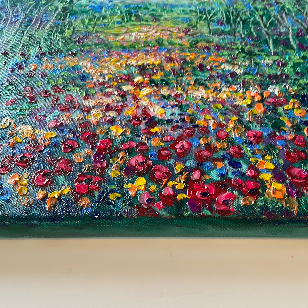 Original painting - California  oak trees and wildflowers with red and orange poppies -oilpainting