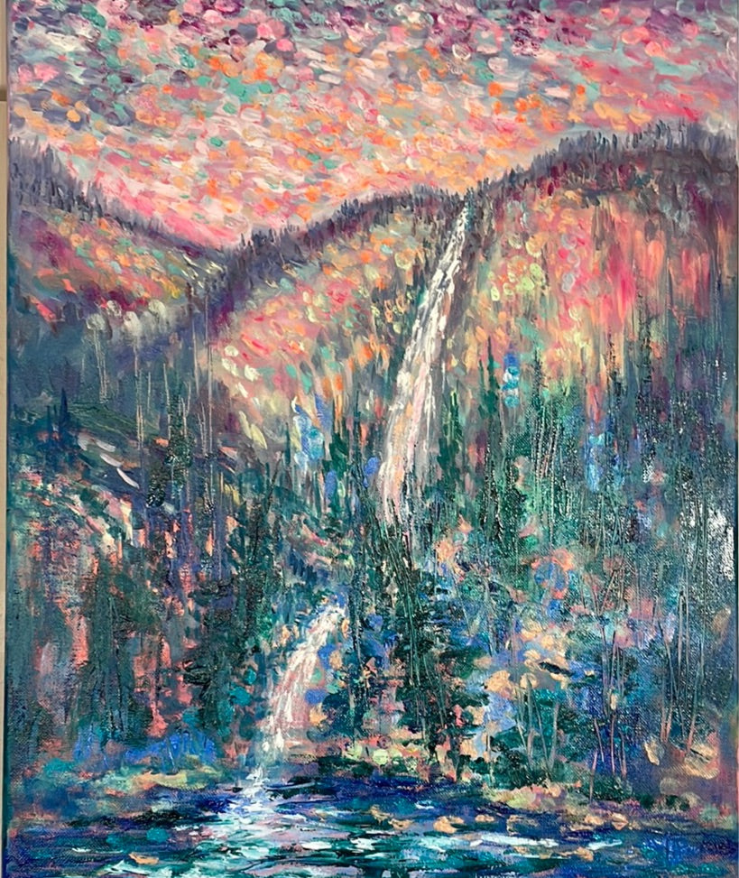 16x20x3/4 Original painting - California Yosemite Waterfall, Spring and Wildflowers