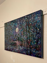 Load image into Gallery viewer, Silver-gold moon stream and trees  -gold and silver leaf -resin- oil  -24 x 36 x 1.5