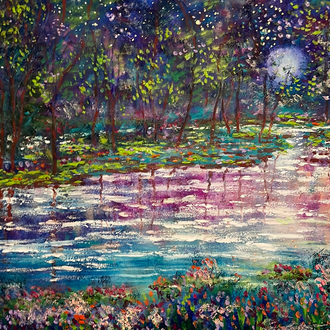 24x36 - Original Oil Painting - Blue moon, stream and fireflies