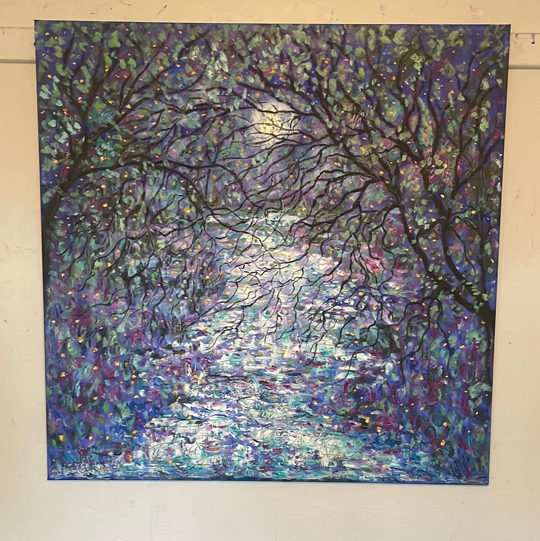 Original painting - Moonlight and cascading trees by stream