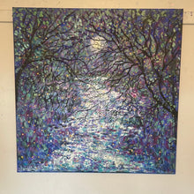 Load image into Gallery viewer, Moonlight and cascading trees by stream-36 x 36 x 1 - oil and cold wax
