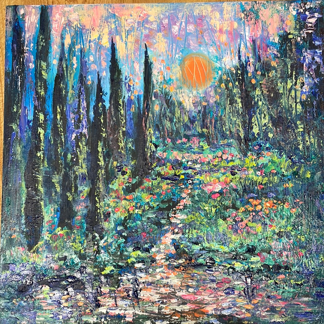 Original painting - Cypress trees stream  sunset - 12 x  12  x 1 oil