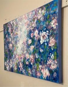Abstract white, blue rose flowers with gold - 36 x 24 x 1
