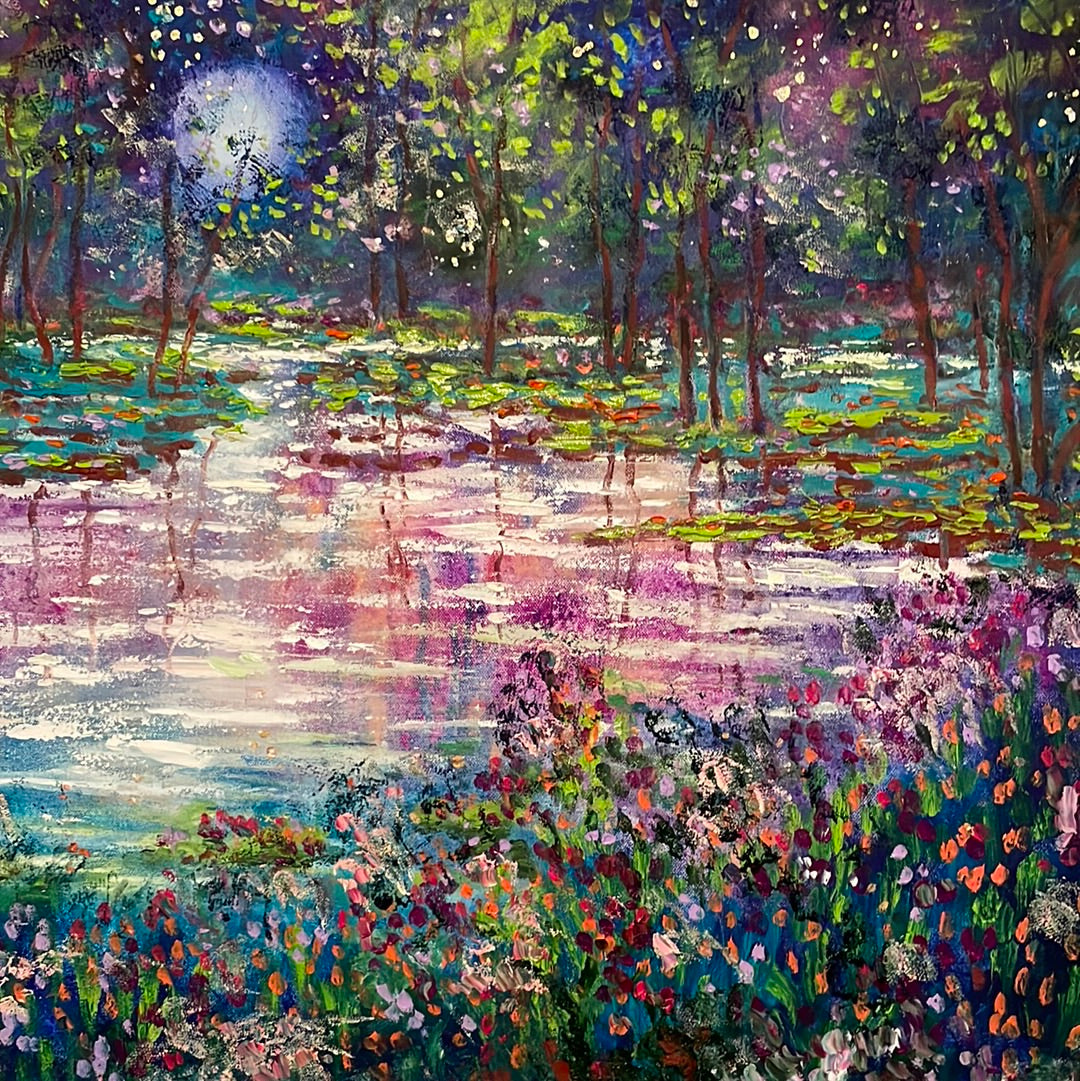 24x36 - Original Oil Painting - Blue moon, stream and fireflies