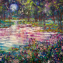 Load image into Gallery viewer, Blue moon , spring stream and fireflies- oil  -24 x 36 x 1.5