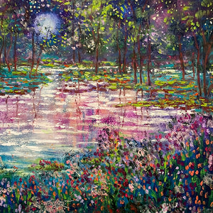 Blue moon , spring stream and fireflies- oil  -24 x 36 x 1.5