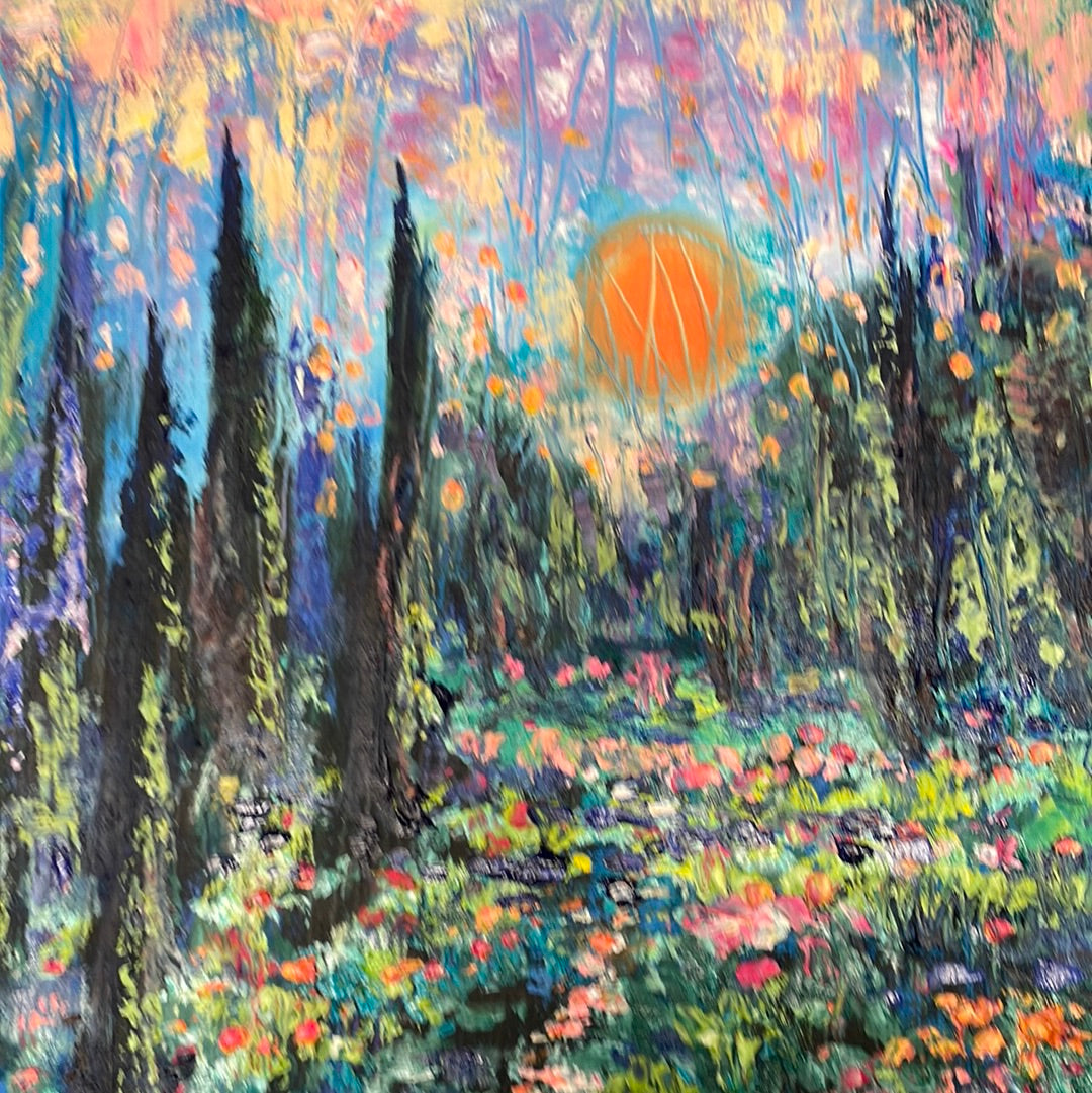 Original painting - Cypress trees stream  sunset - 12 x  12  x 1 oil